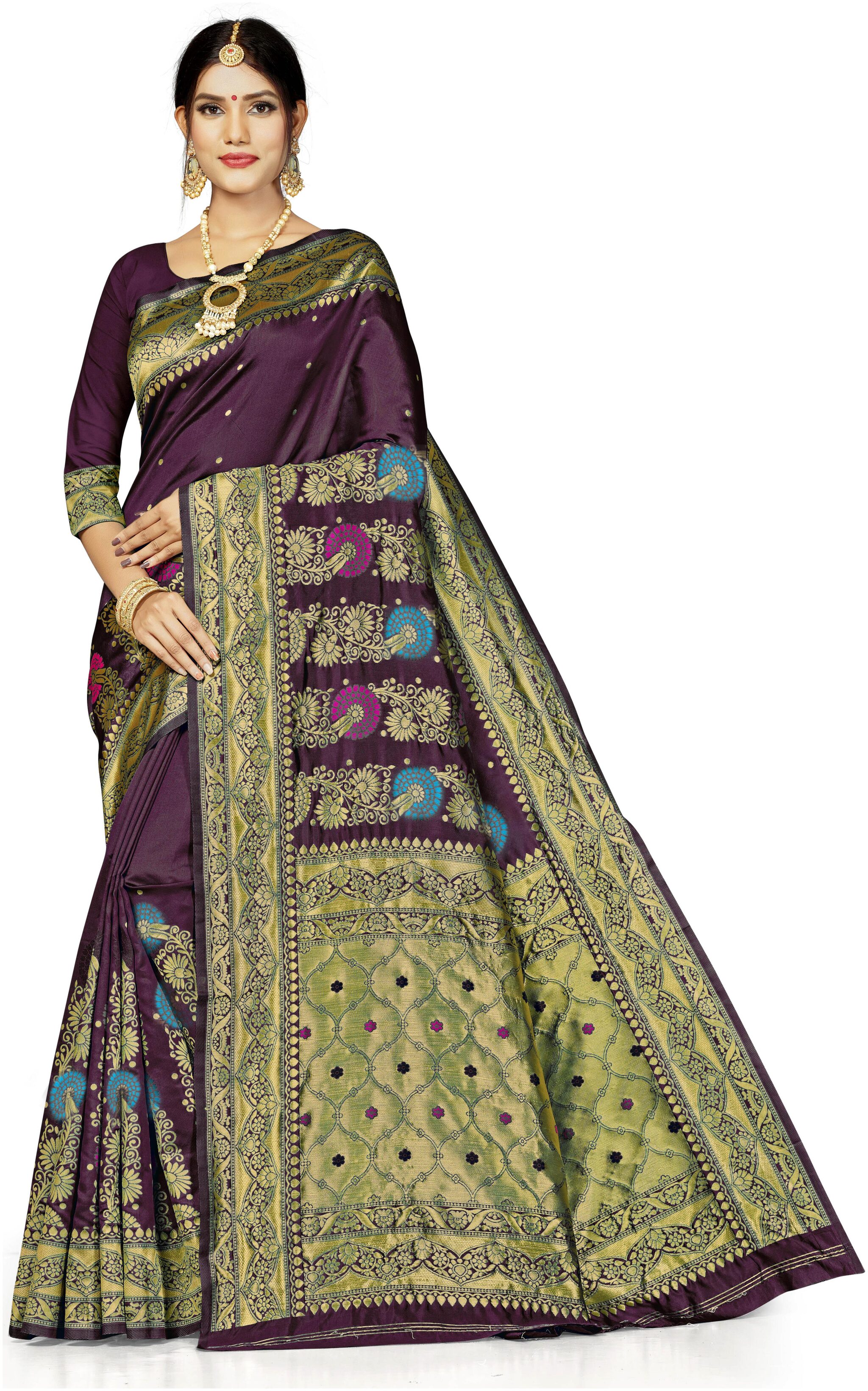 

Sainoor Women Artificial Silk Woven Saree With Blouse Piece (Purple)