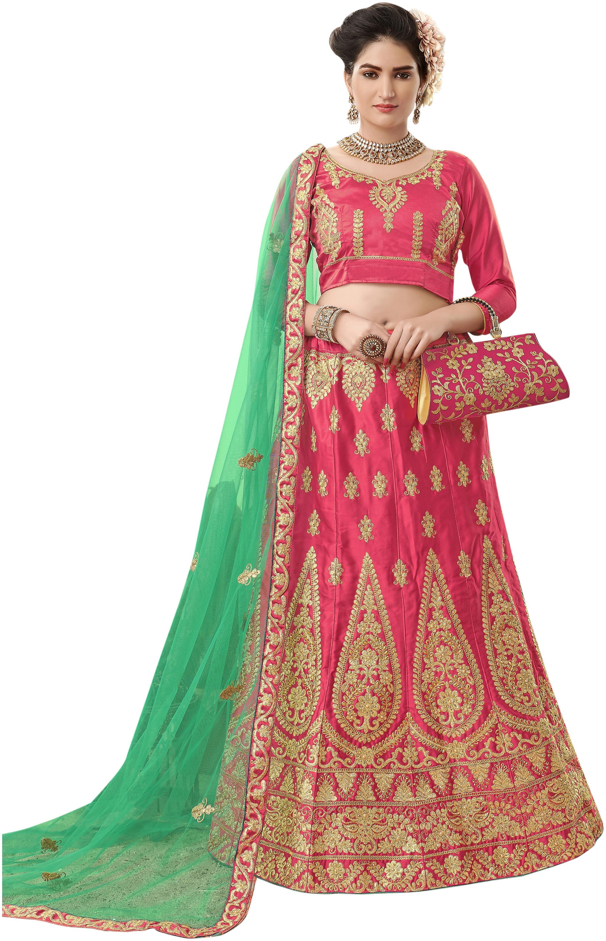 

Sainoor Women Embrodeired Lehenga Choli Satin Pink