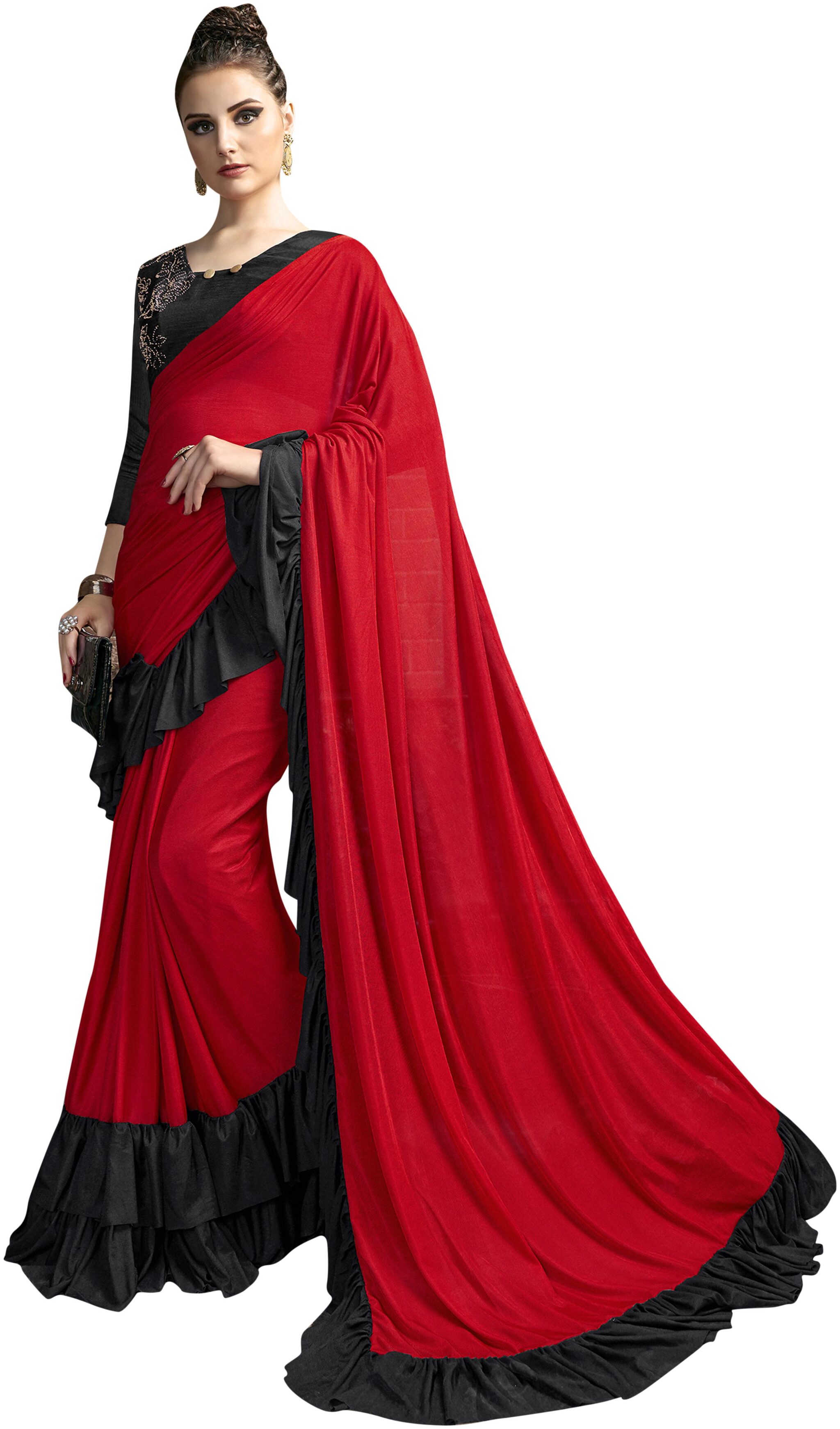 

Sainoor Women S Red Designer Ruffle Ready To Wear Saree