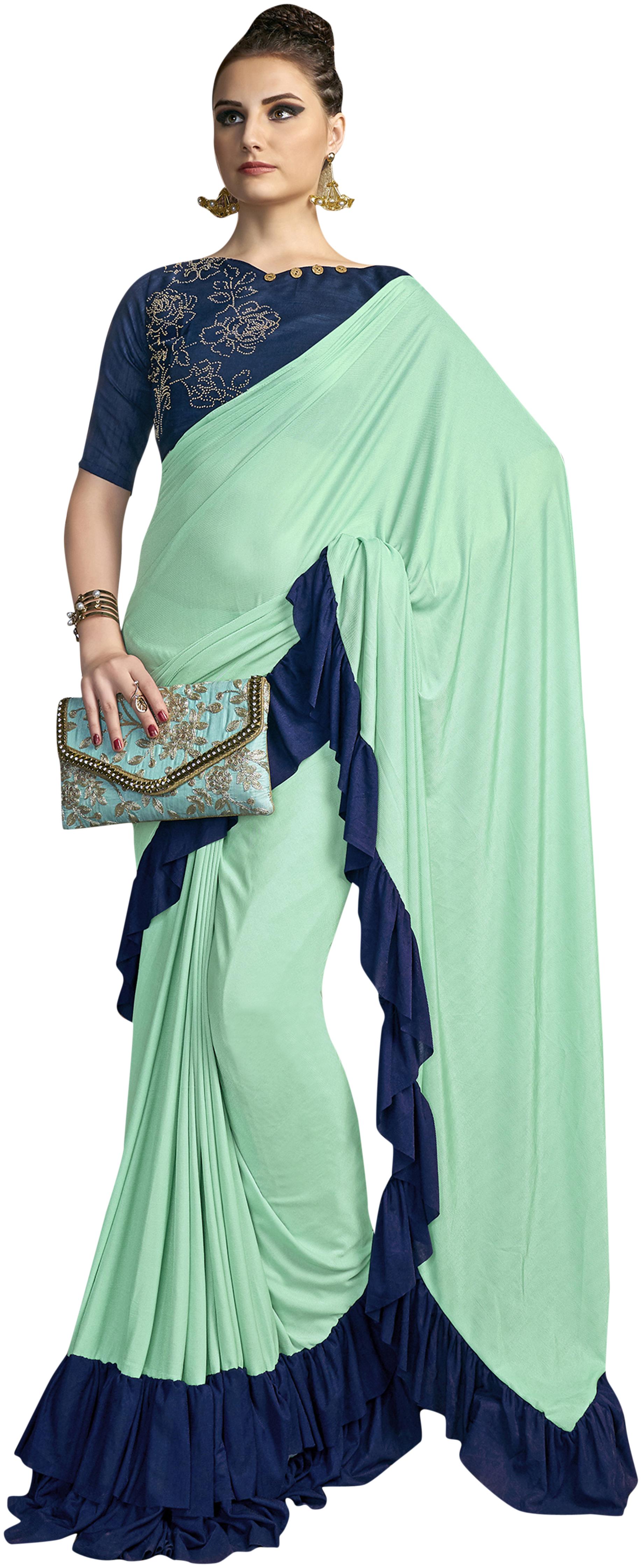 

Sainoor Women S Green Designer Ruffle Ready To Wear Saree