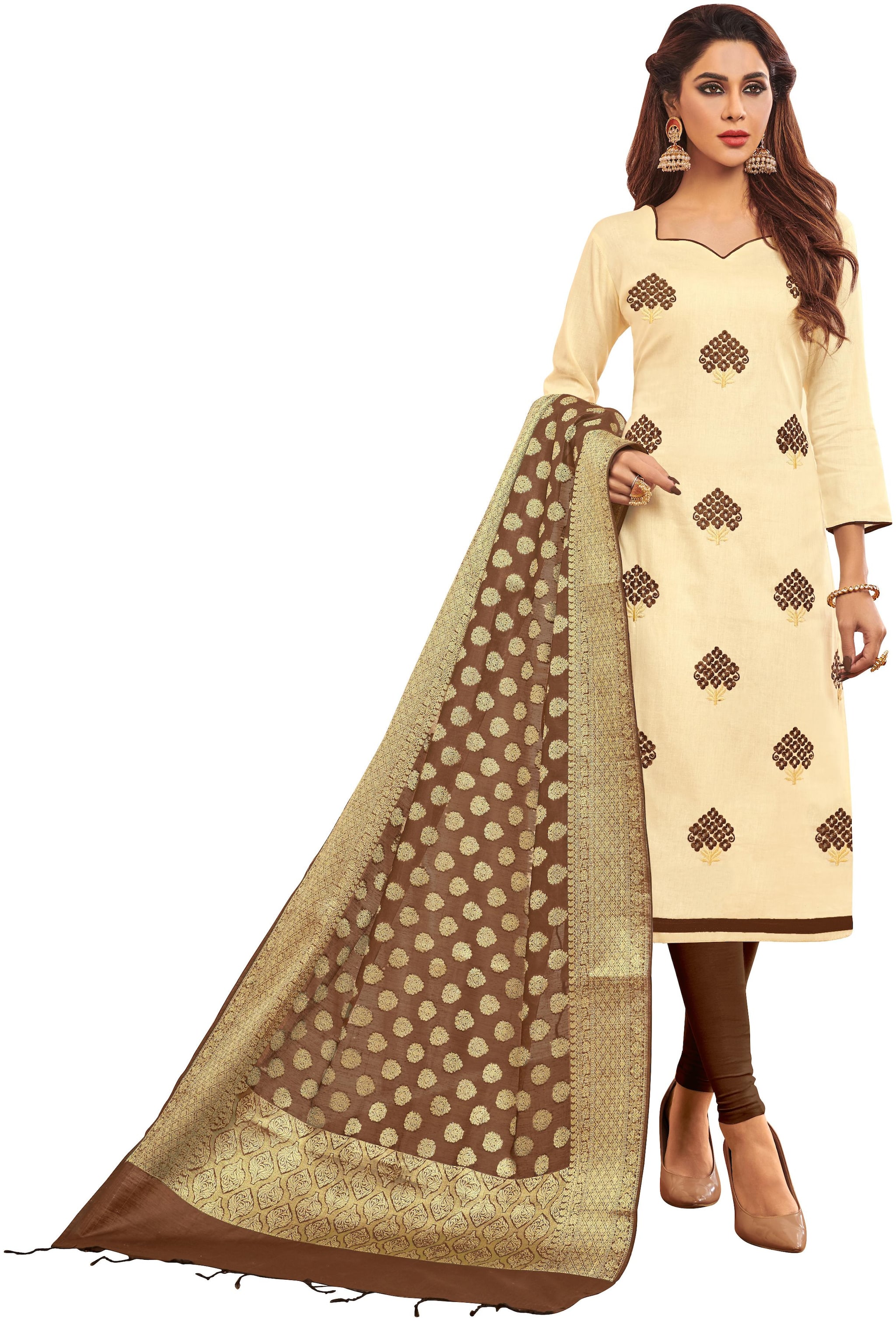 

SAINOOR Beige Unstitched Kurta with bottom dupatta With dupatta Dress Material