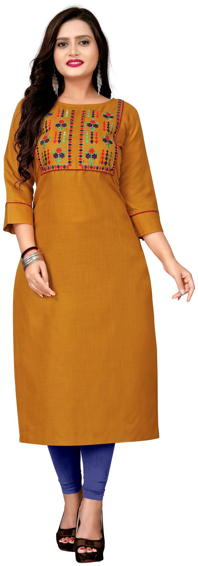 

Saiveera Fashion Women Mustard Embroidered Straight Kurti
