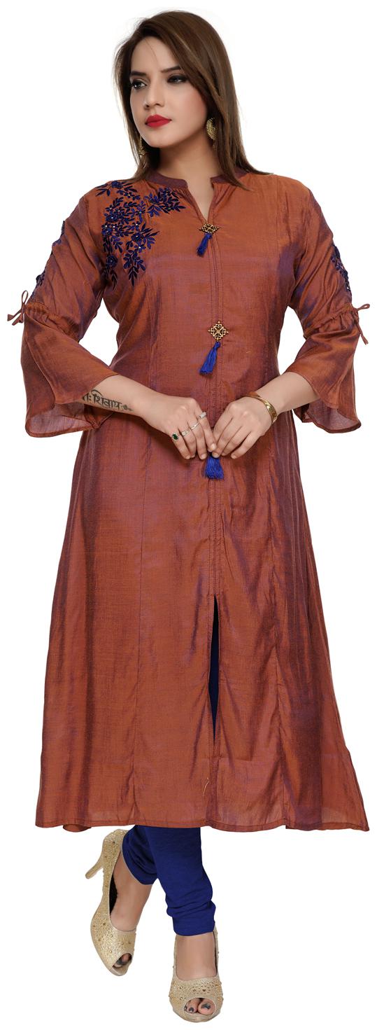 

SAJJU Women Rayon Embroidered Kurti Brown