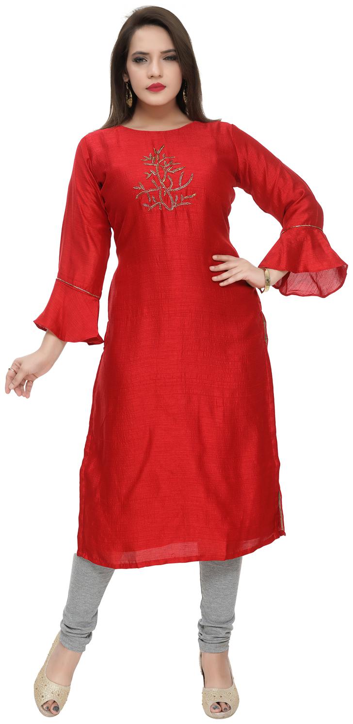 

SAJJU Women Red Embroidered Straight Kurta