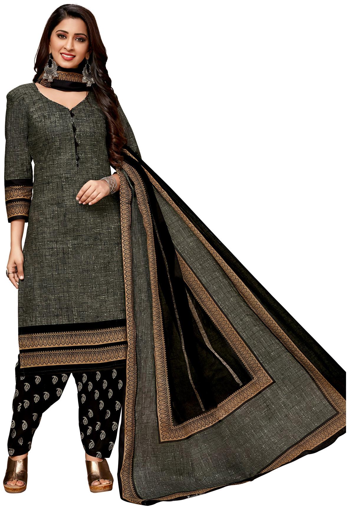 

Salwar Studio Women Grey Cotton Printed Readymade Salwar Suit Set