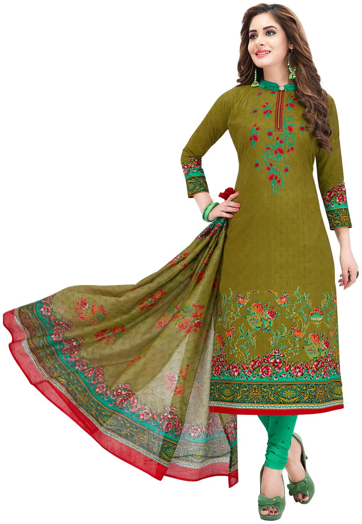 

Salwar Studio Women s Green Synthetic Printed Unstitch Dress Material with Dupatta