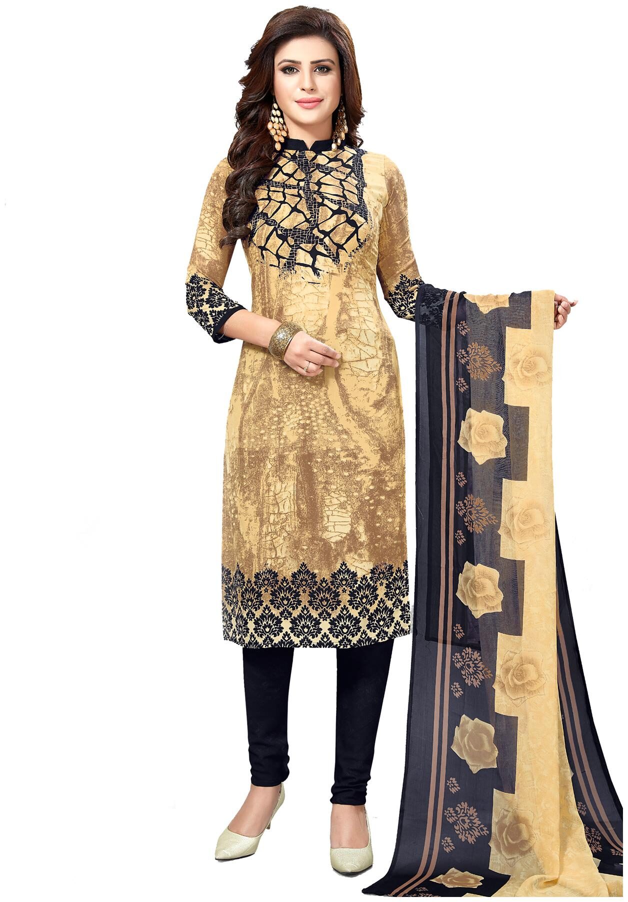 

Salwar Studio Women s Beige Blue Synthetic Printed Unstitch Dress Material with Dupatta