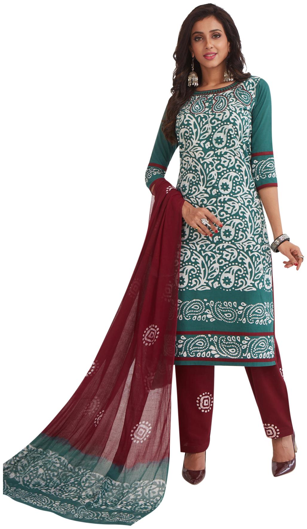 

Salwar Studio Womens Green Maroon Cotton Battik Printed Unstitch Dress Material with Dupatta
