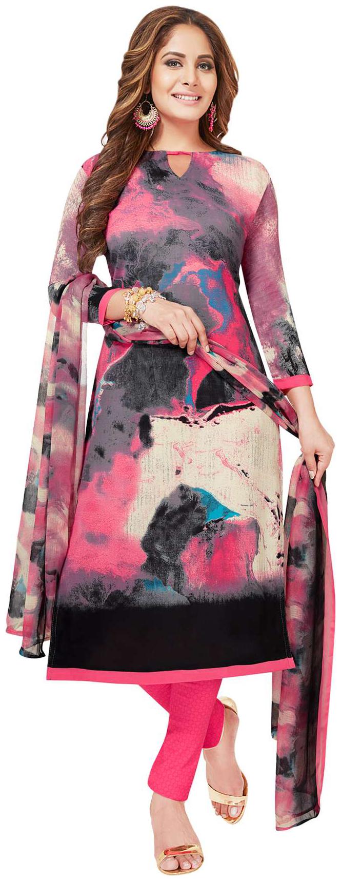 

Salwar Studio Women s Pink Black Synthetic Printed Dress Material with Dupatta