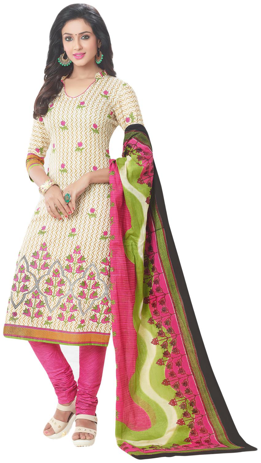 

Salwar Studio Women s Beige Pink Cotton Printed Dress Material with Dupatta