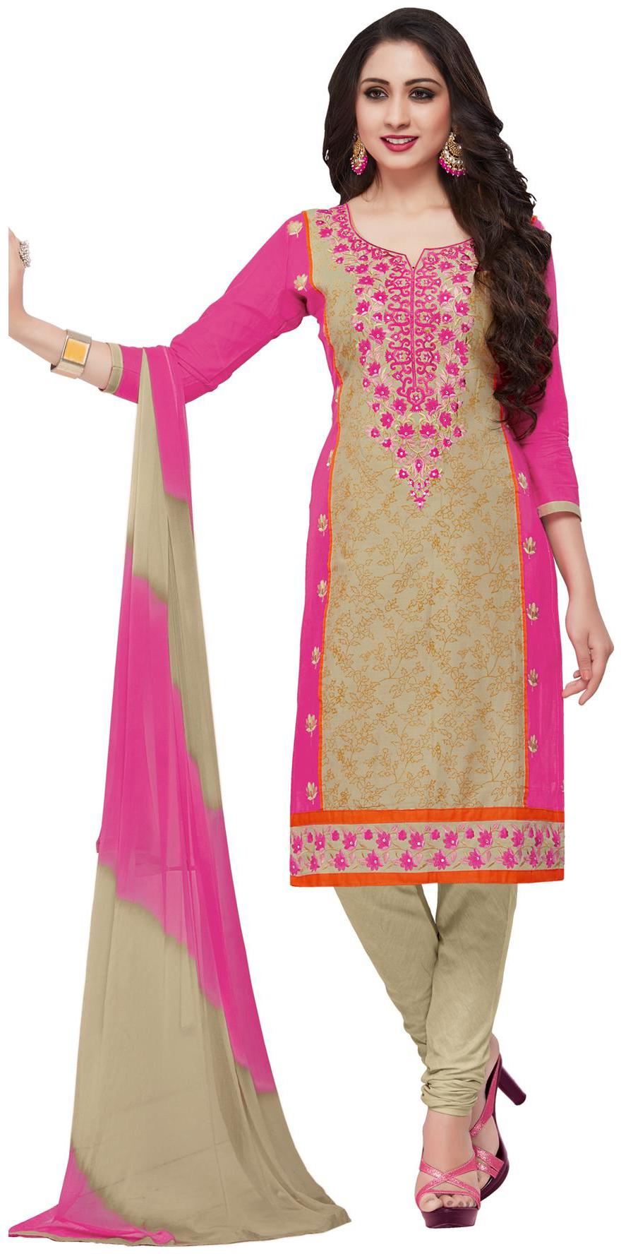

Salwar Studio Women s Beige Pink Cotton Embroidered Dress Material with Chiffon Dupatta