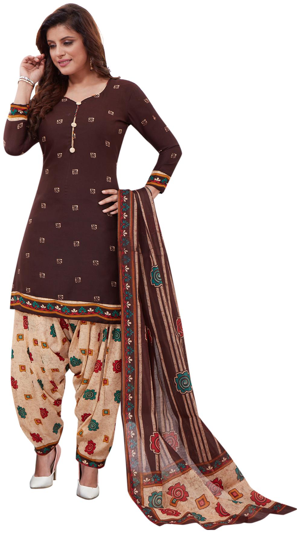 

Salwar Studio Crepe Printed Dress Material Brown Beige