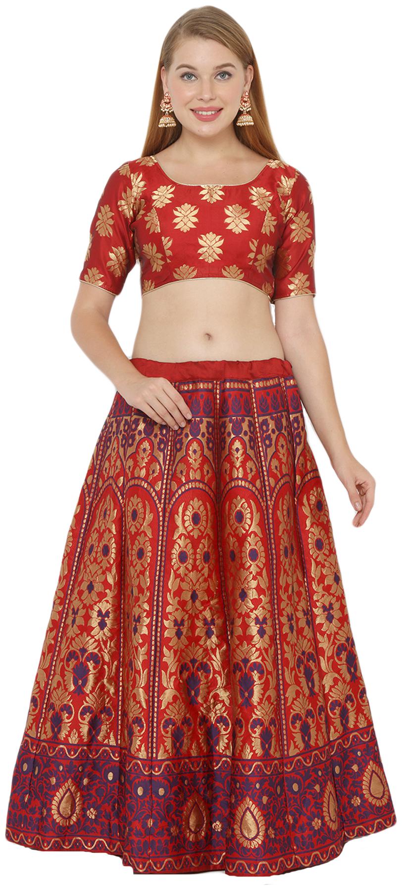 

Salwar Studio Silk Red Embellished Lehenga Choli For Women