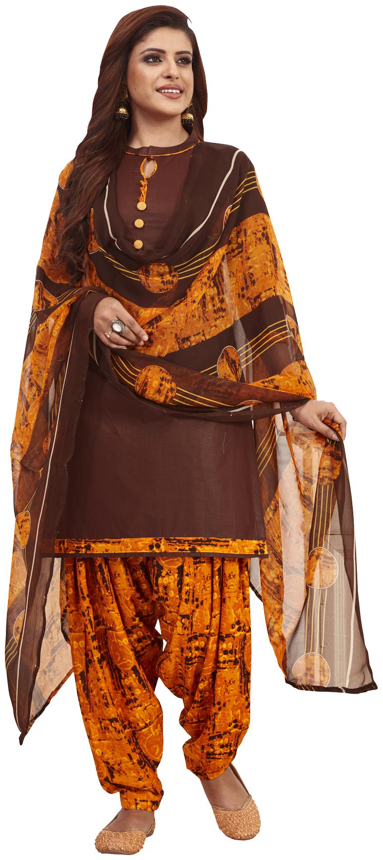 

Salwar Studio Women s Brown Orange Synthetic Printed Unstitch Dress Material with Dupatta