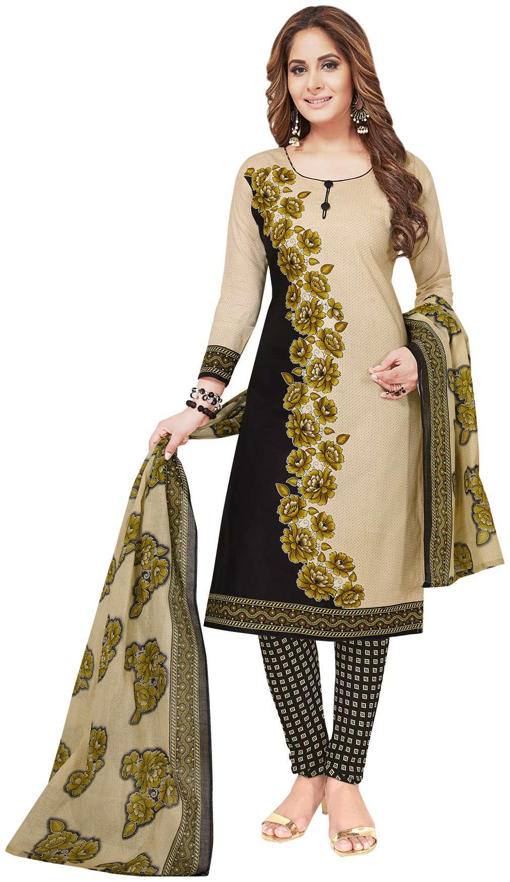 

Salwar Studio Women s Black Beige Synthetic Printed Dress Material with Dupatta