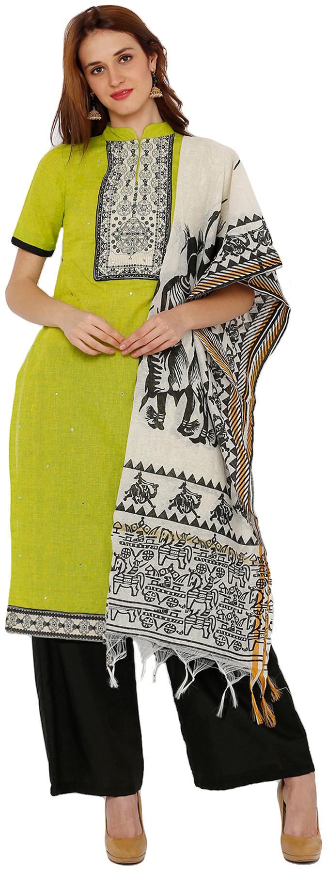 

Salwar Studio Women Cotton Embroidery Kurta With Palazzo Dupatta Green