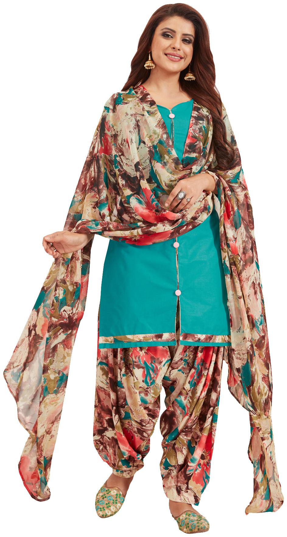 

Salwar Studio Women s Turquoise Brown Synthetic Printed Unstitch Dress Material with Dupatta