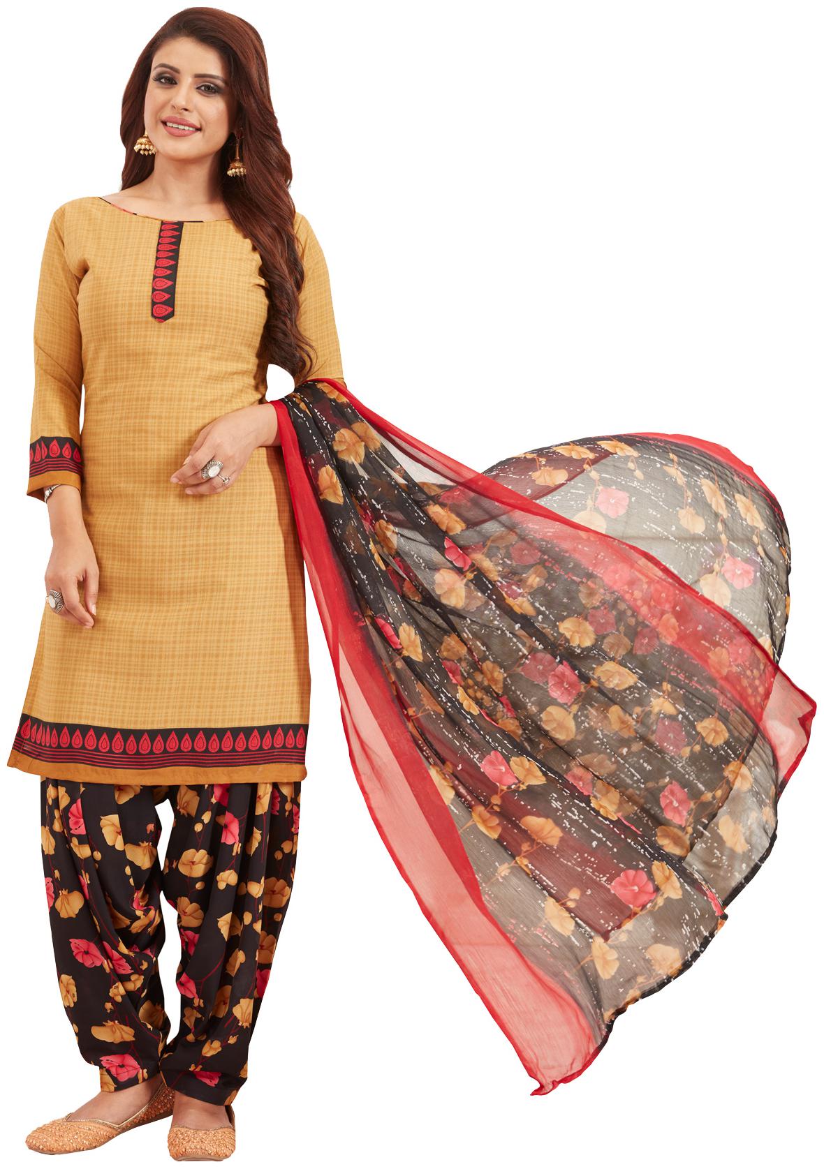 

Salwar Studio Women s Beige Black Synthetic Printed Unstitch Dress Material with Dupatta