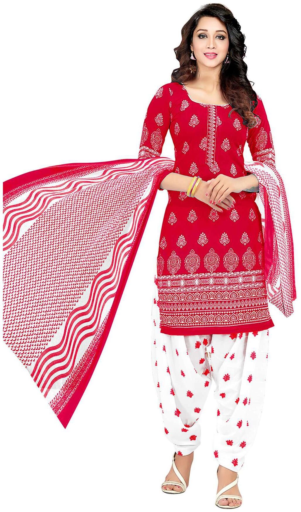 

Salwar Studio Women s Red White Synthetic Printed Dress Material with Dupatta