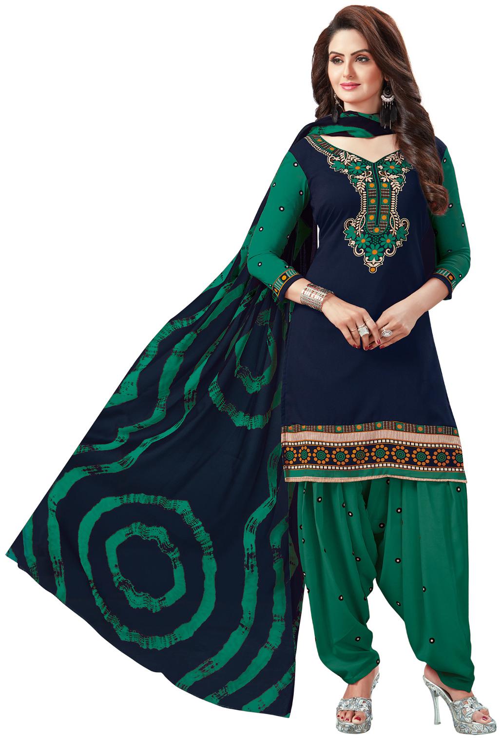 

Salwar Studio Women s Navy Blue Green Synthetic Printed Dress Material with Dupatta