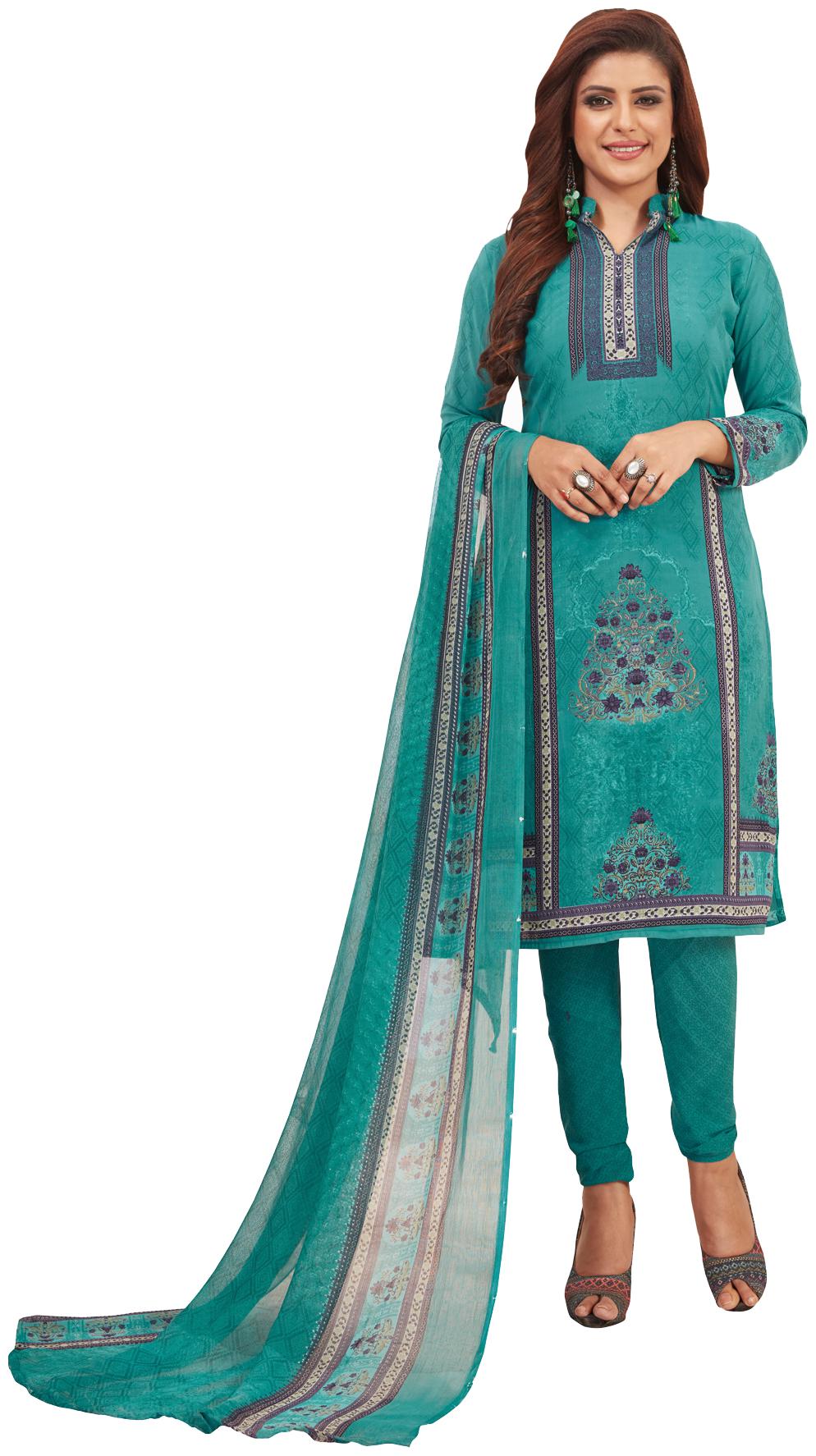 

Salwar Studio Women s Turquoise Synthetic Printed Unstitch Dress Material with Dupatta