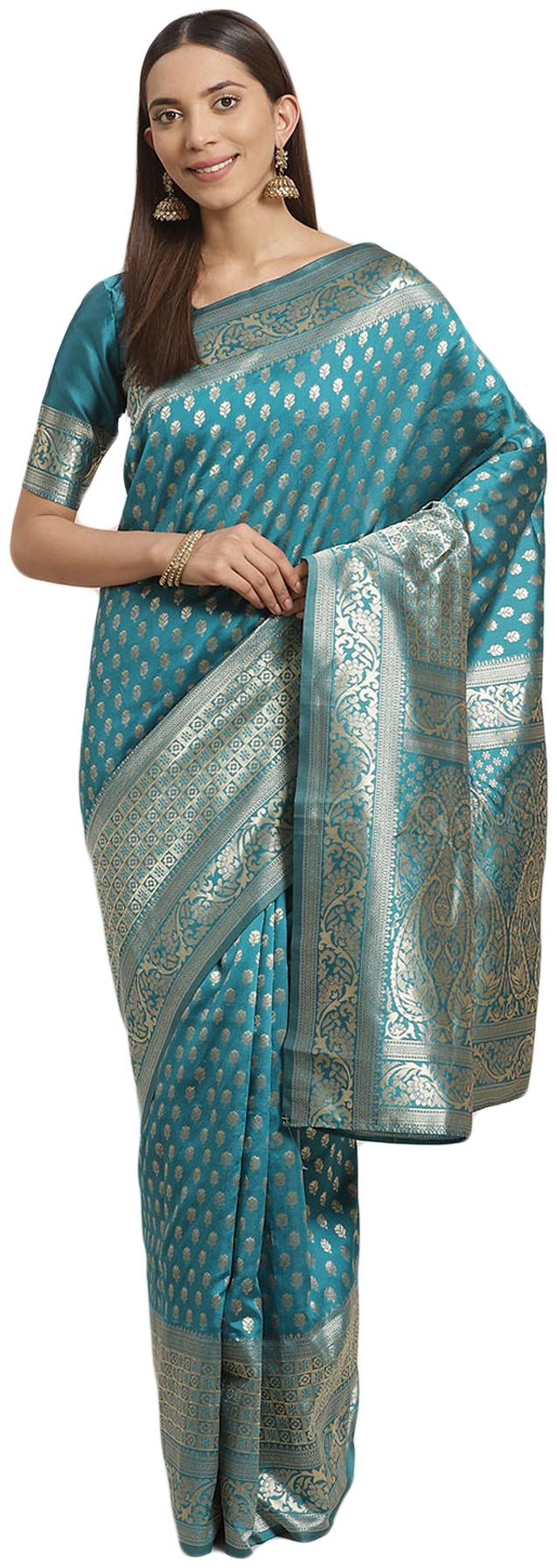 

Salwar Studio Womens Turquoise Banarasi Silk Blend Saree With Blouse Piece