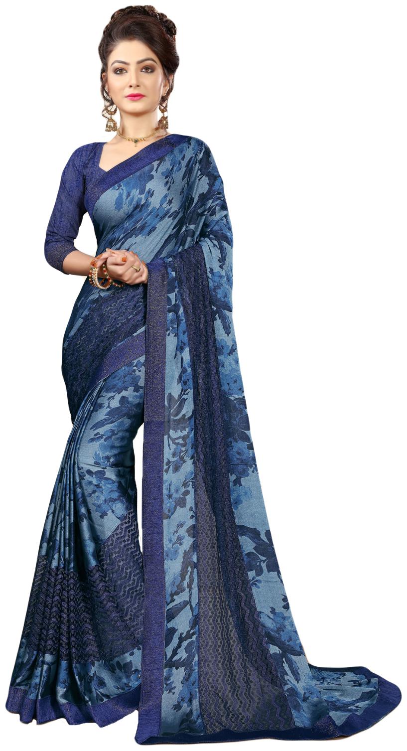 

Salwar Studio Women s Blue Chiffon Printed Saree with Blouse Piece