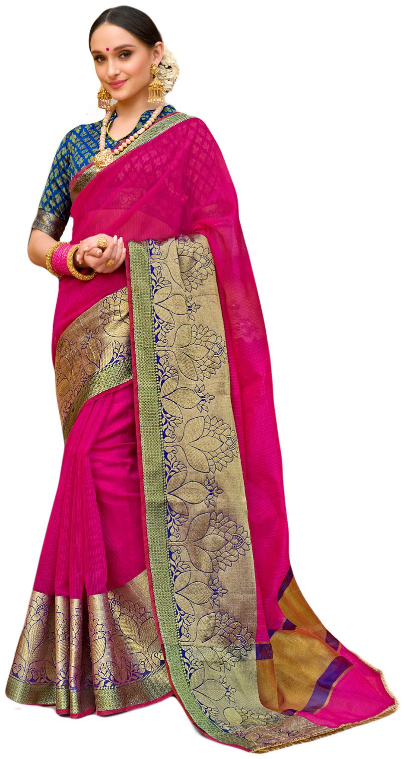 

Salwar Studio Women s Pink Blue Chanderi Silk Printed Saree with Blouse Piece