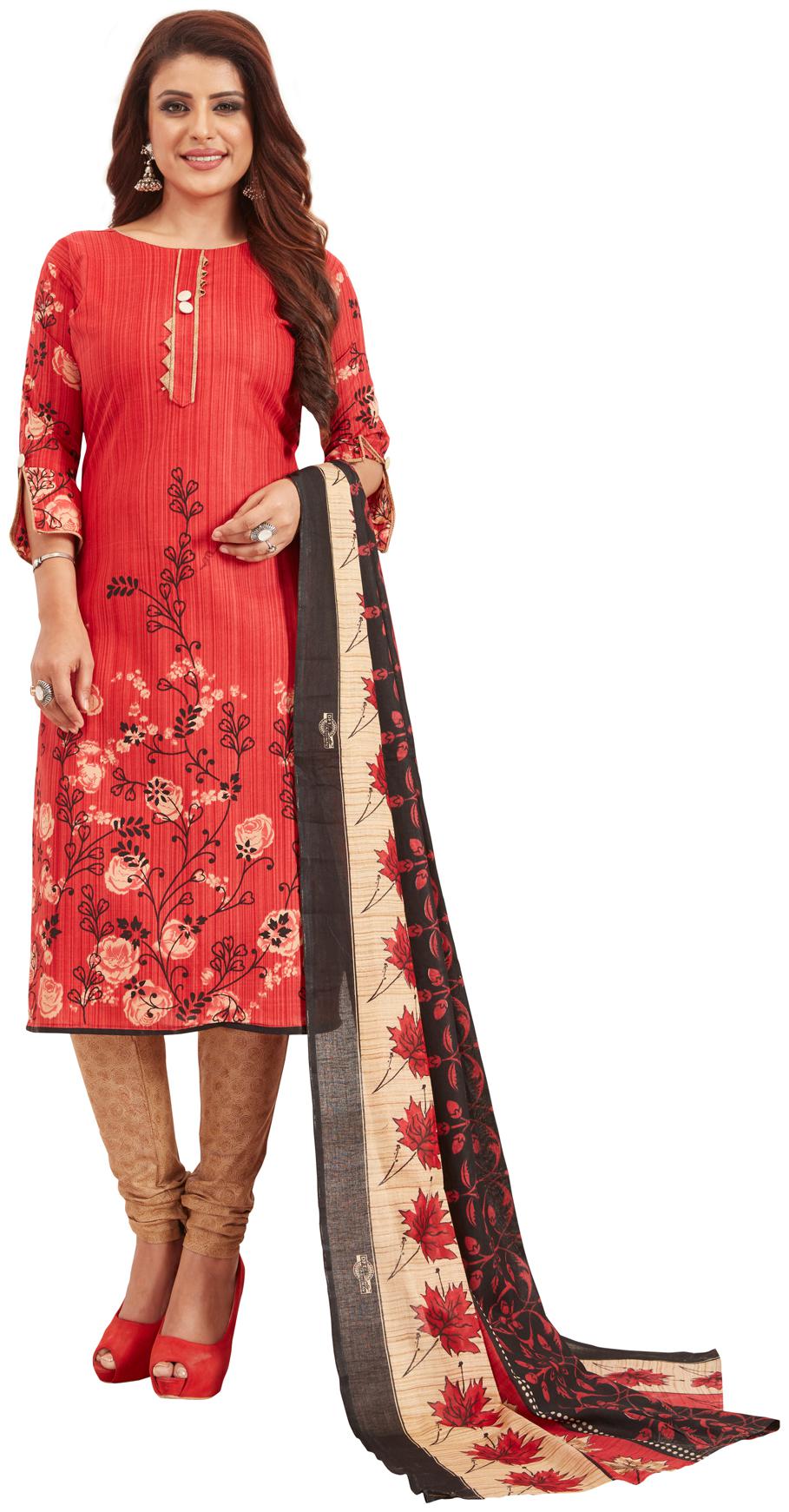 

Salwar Studio Women s Red Beige Pure Lawn Cotton Printed Unstitch Dress Material with Dupatta