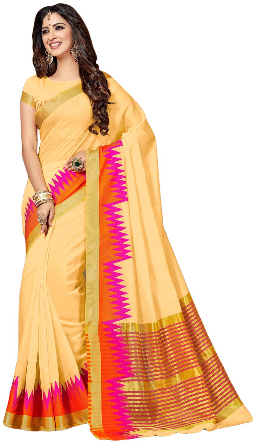 

Salwar Studio Women s Cream Orange Cotton Printed Saree with Blouse Piece