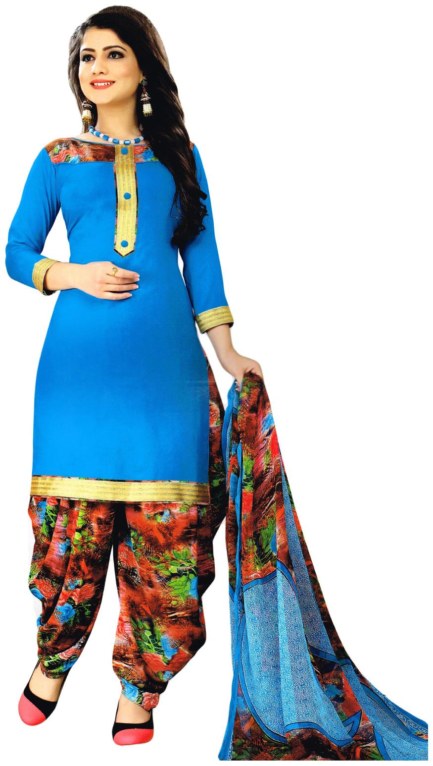 

Salwar Studio Women s Blue Orange Synthetic Printed Dress Material with Dupatta