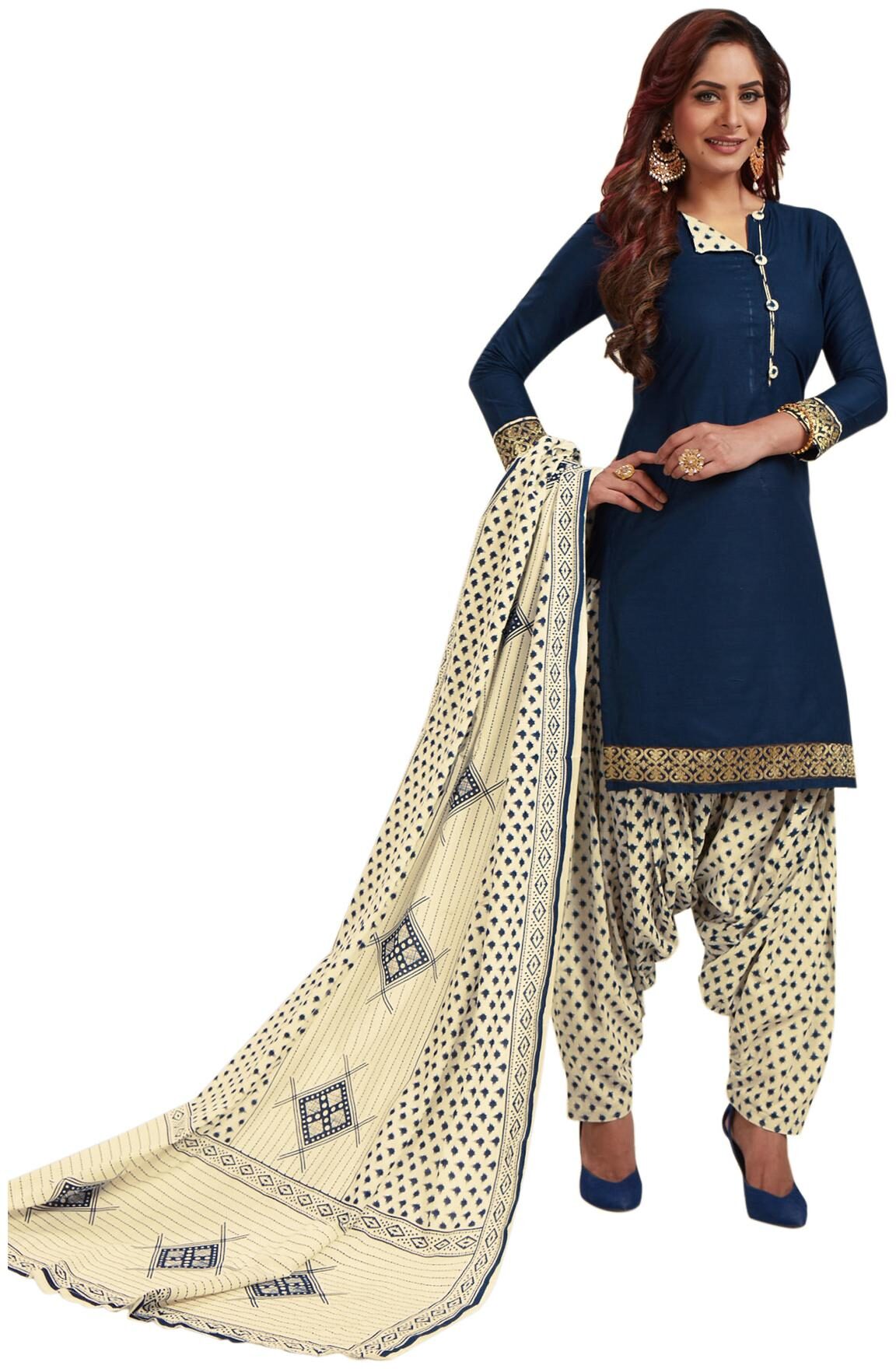 

Salwar Studio Women Navy Blue Cream Cotton Printed Readymade Patiyala Suit Set