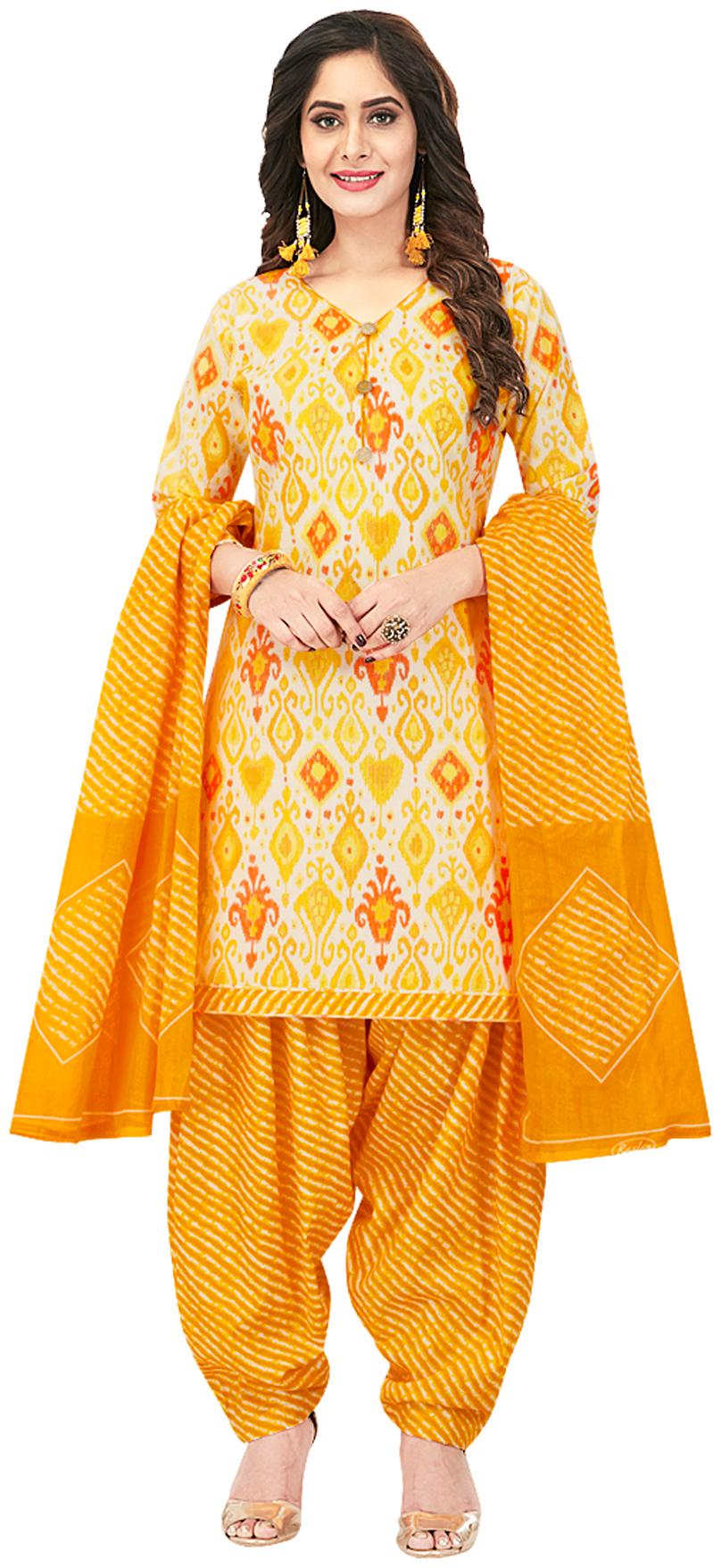 

Salwar Studio Yellow Cream Unstitched Kurta with bottom dupatta With dupatta Dress Material