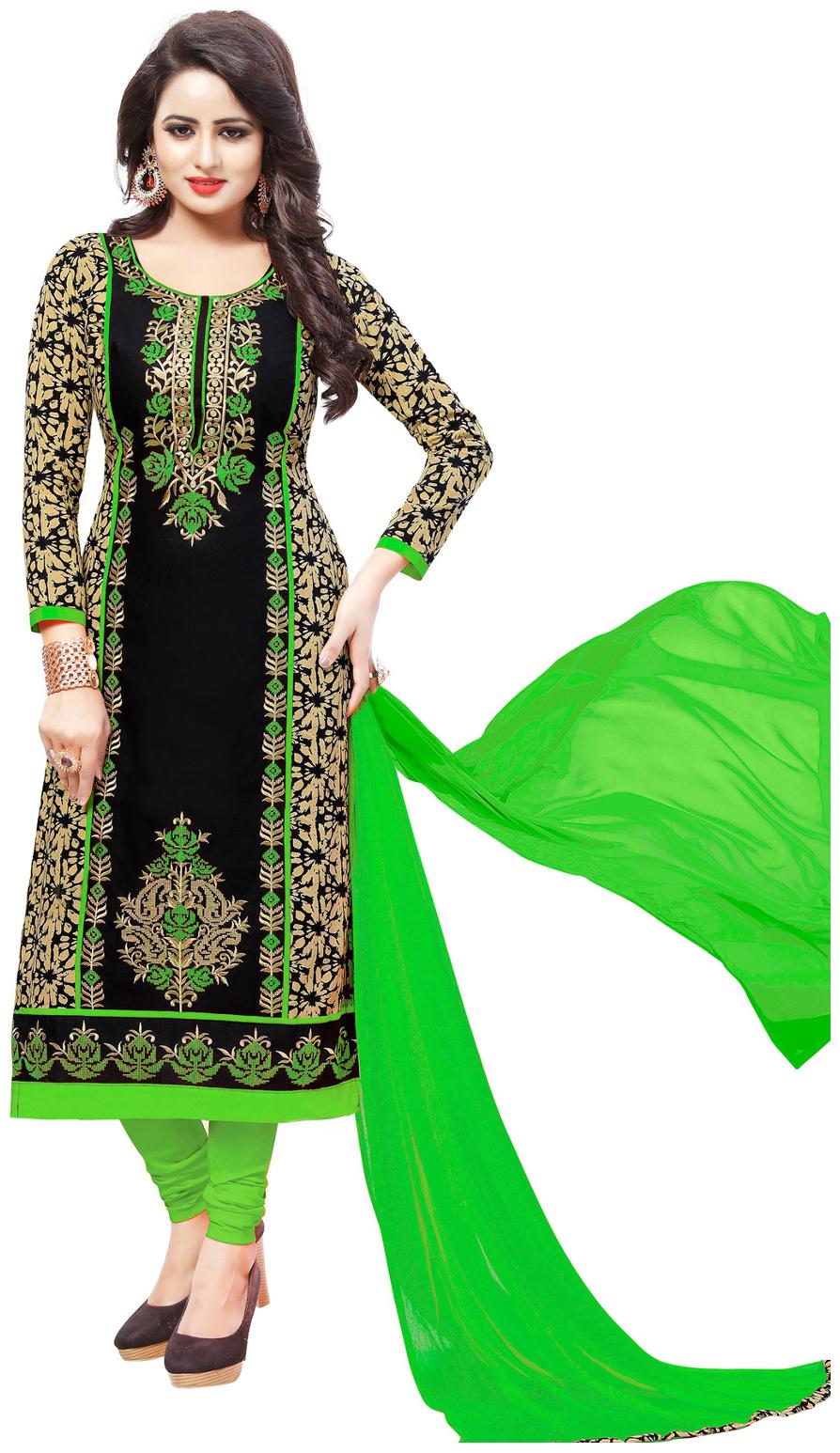 

Salwar Studio Women s Black Green Cotton Embroidered Dress Material with Dupatta