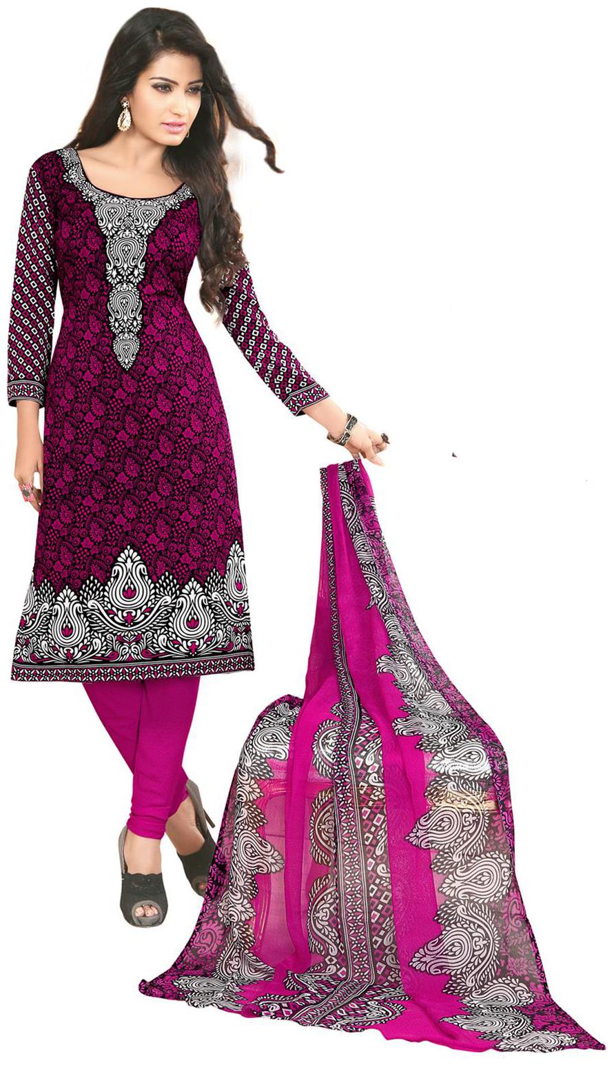 

Salwar Studio Women s Pink Black Synthetic Self Polka Dots Printed Dress Material with Dupatta