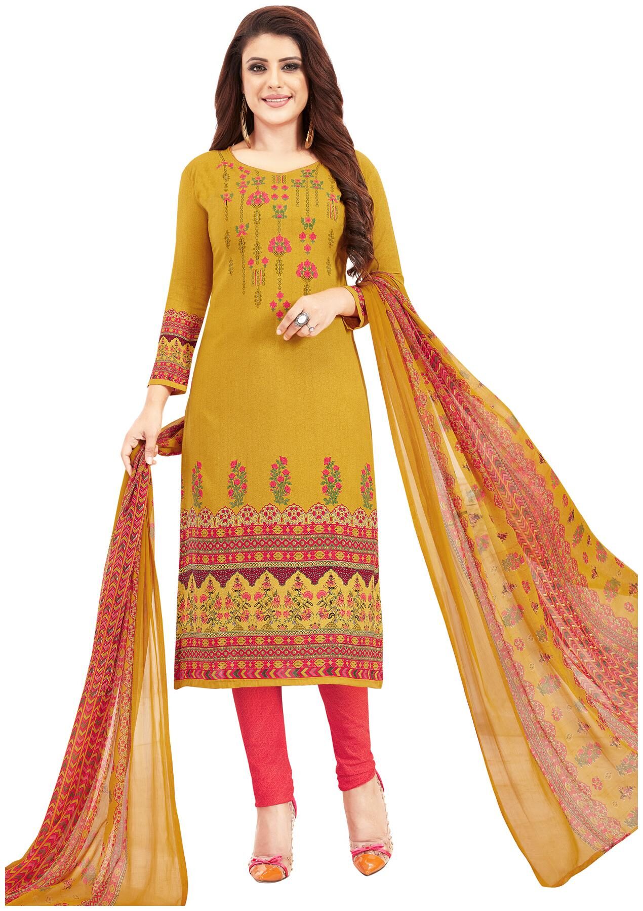 

Salwar Studio Women s Gold Pink Synthetic Printed Unstitch Dress Material with Dupatta