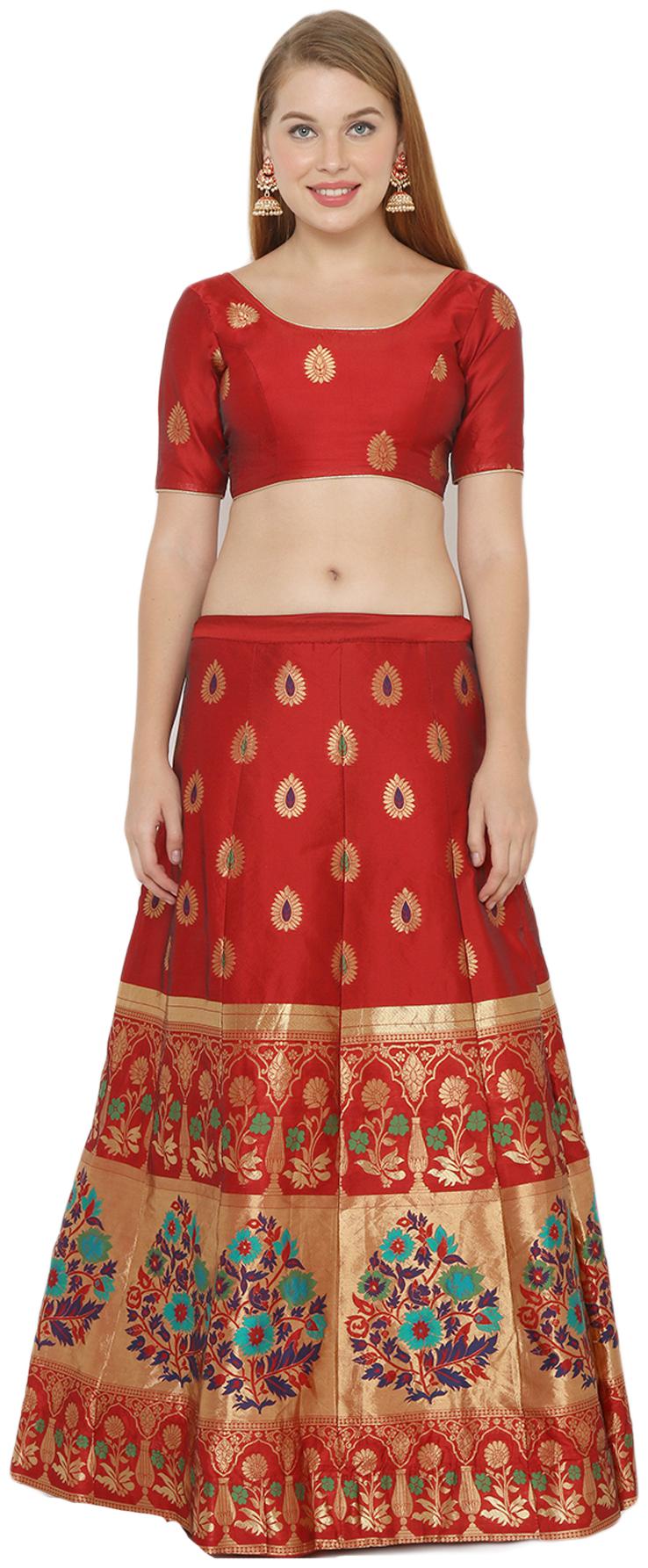 

Salwar Studio Silk Red Embellished Lehenga Choli For Women