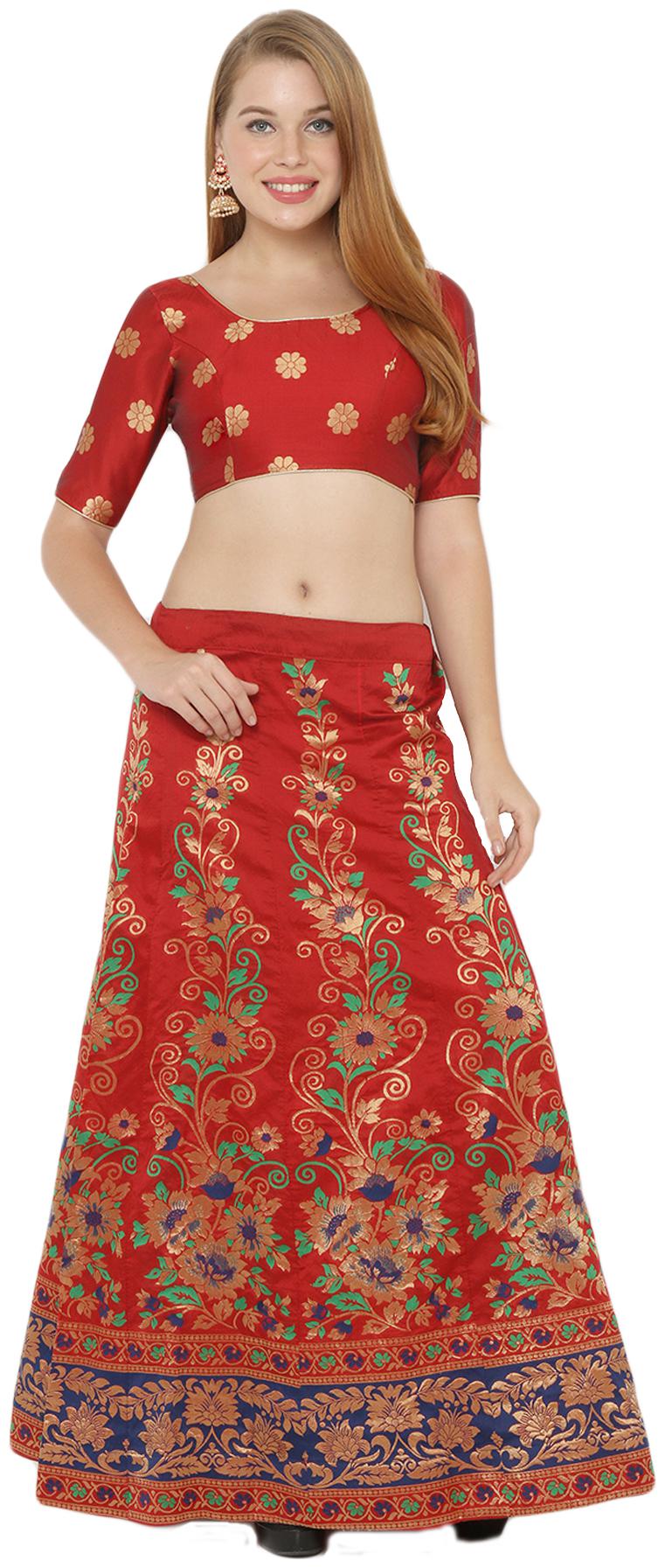 

Salwar Studio Silk Red Embellished Lehenga Choli For Women