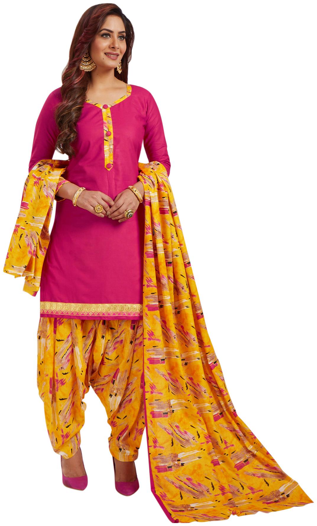 

Salwar Studio Women Pink Yellow Cotton Unstitched Patiyala suit with zari border