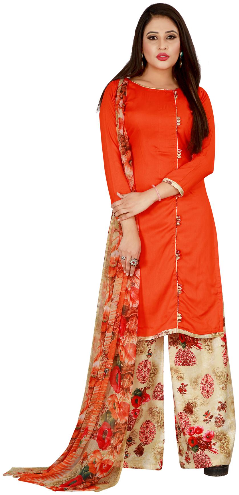 

Salwar Studio Women Orange Printed Straight Kurta With Palazzo And Dupatta