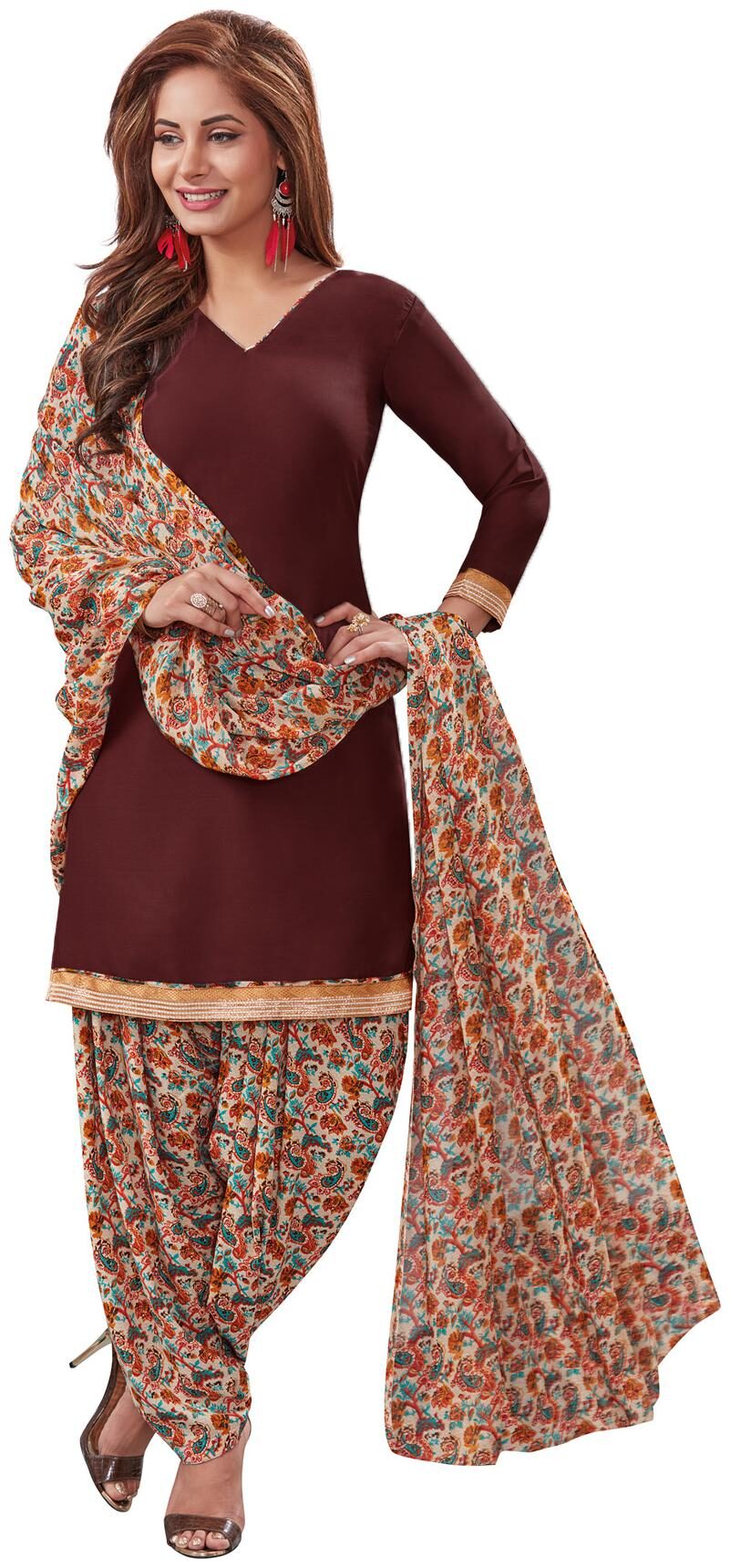 

Salwar Studio Women s Brown Orange Synthetic Printed Dress Material with Dupatta