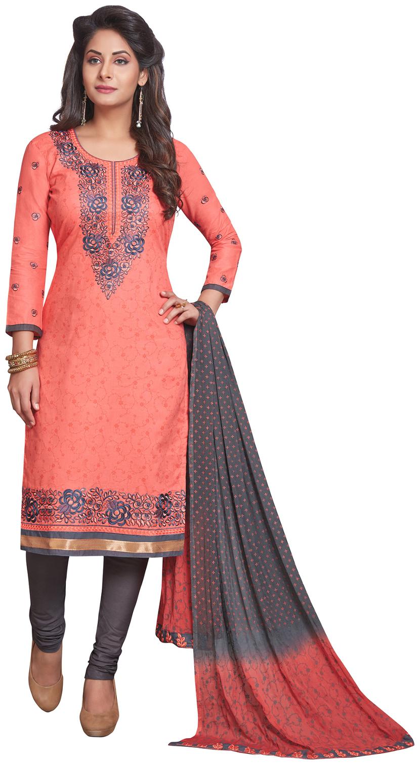 

Salwar Studio Women s Peach Grey Cotton Floral Embroidered Dress Material with Dupatta