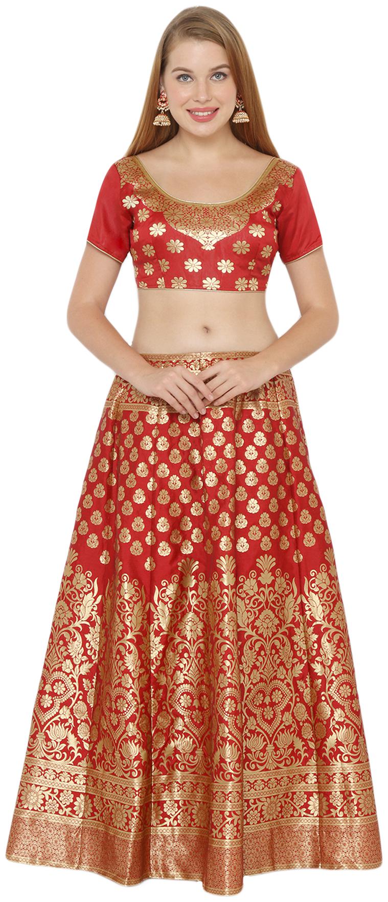 

Salwar Studio Silk Red Embellished Lehenga Choli For Women