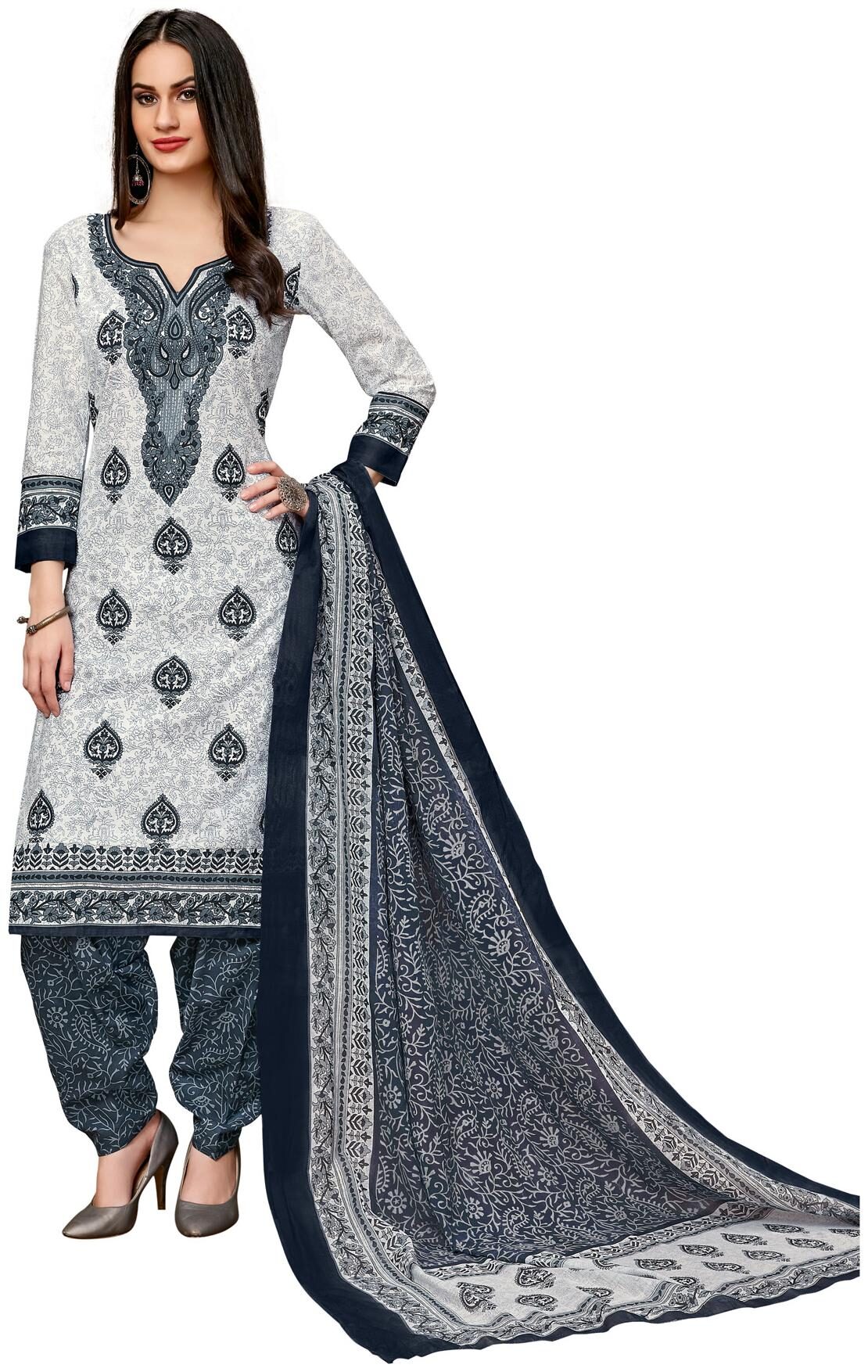 

Salwar Studio Women White Cotton Printed Readymade Salwar Suit Set