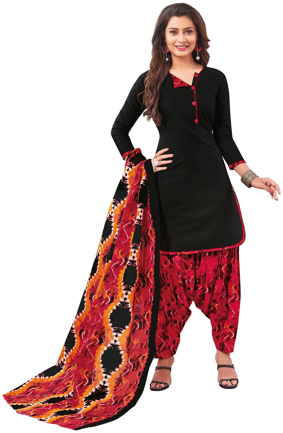 

Salwar Studio Womens Black Red Cotton Printed Readymade Salwar Suit Set