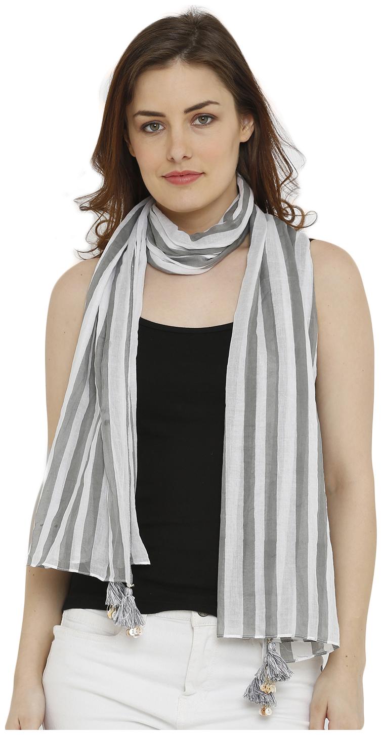 Buy Salwar Studio Womens Grey White Cotton Striped Printed Stole