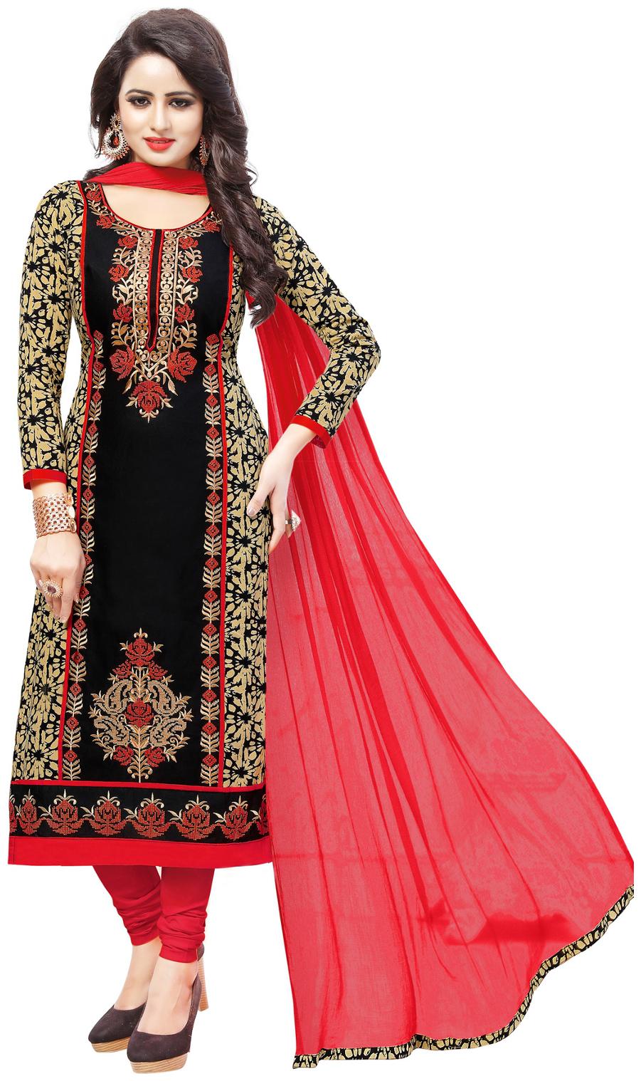 

Salwar Studio Women s Black Red Cotton Embroidered Dress Material with Dupatta
