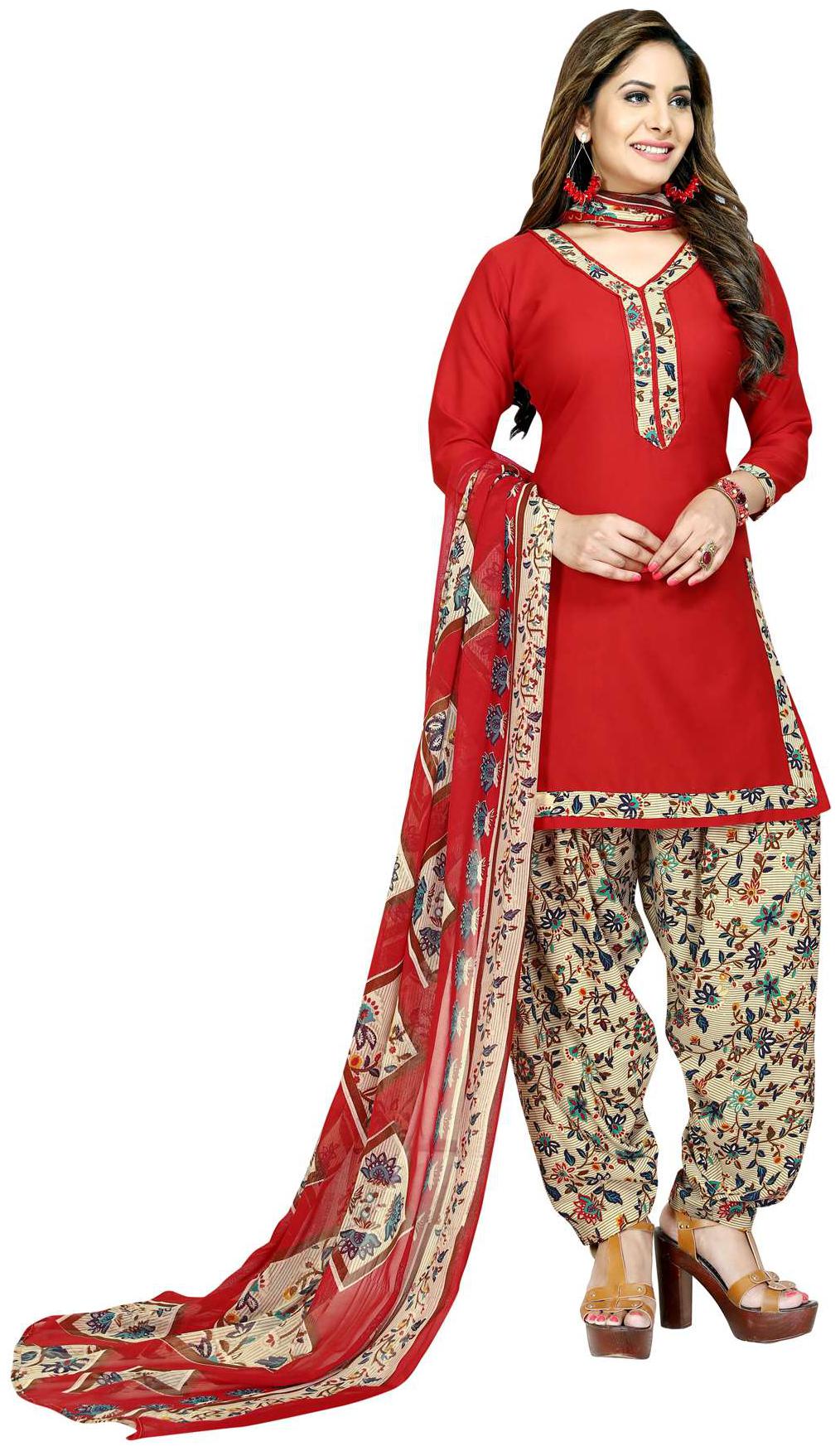 

Salwar Studio Women s Red Beige Synthetic Printed Patiyala with dupatta