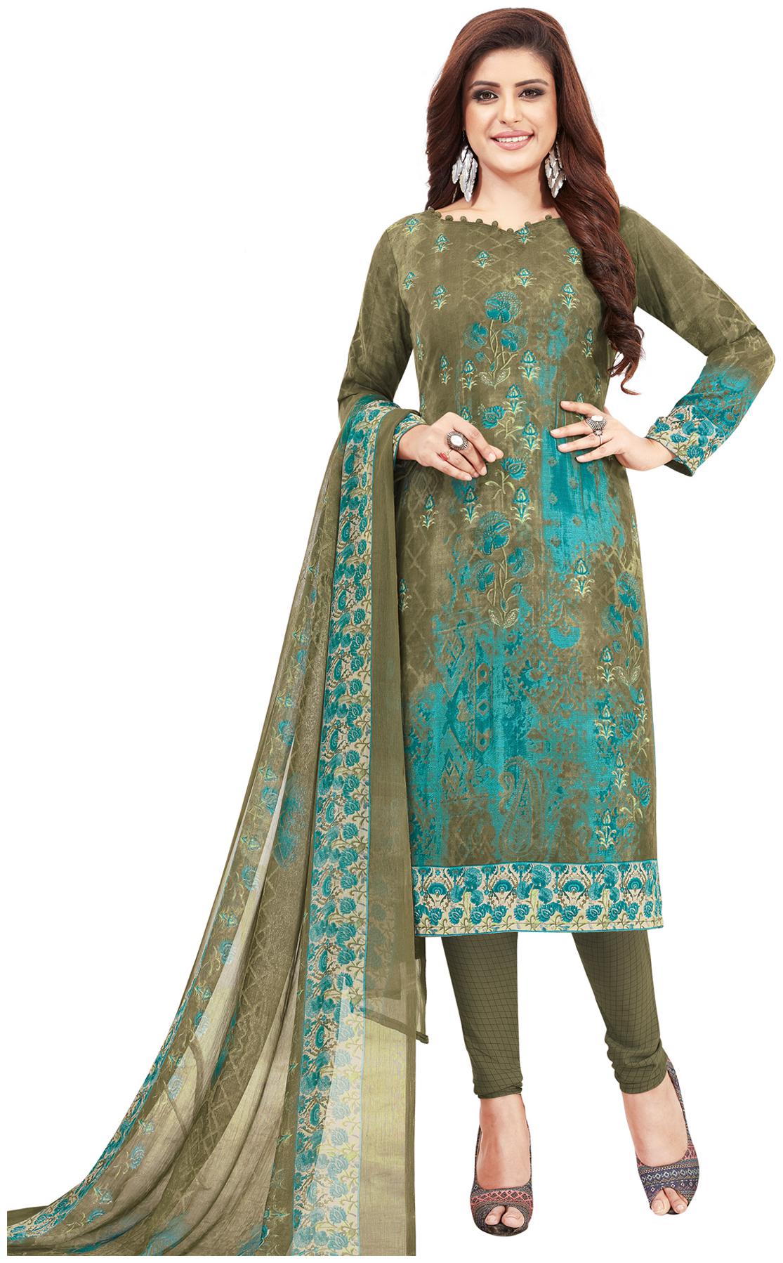 

Salwar Studio Women s Green Synthetic Printed Unstitch Dress Material with Dupatta