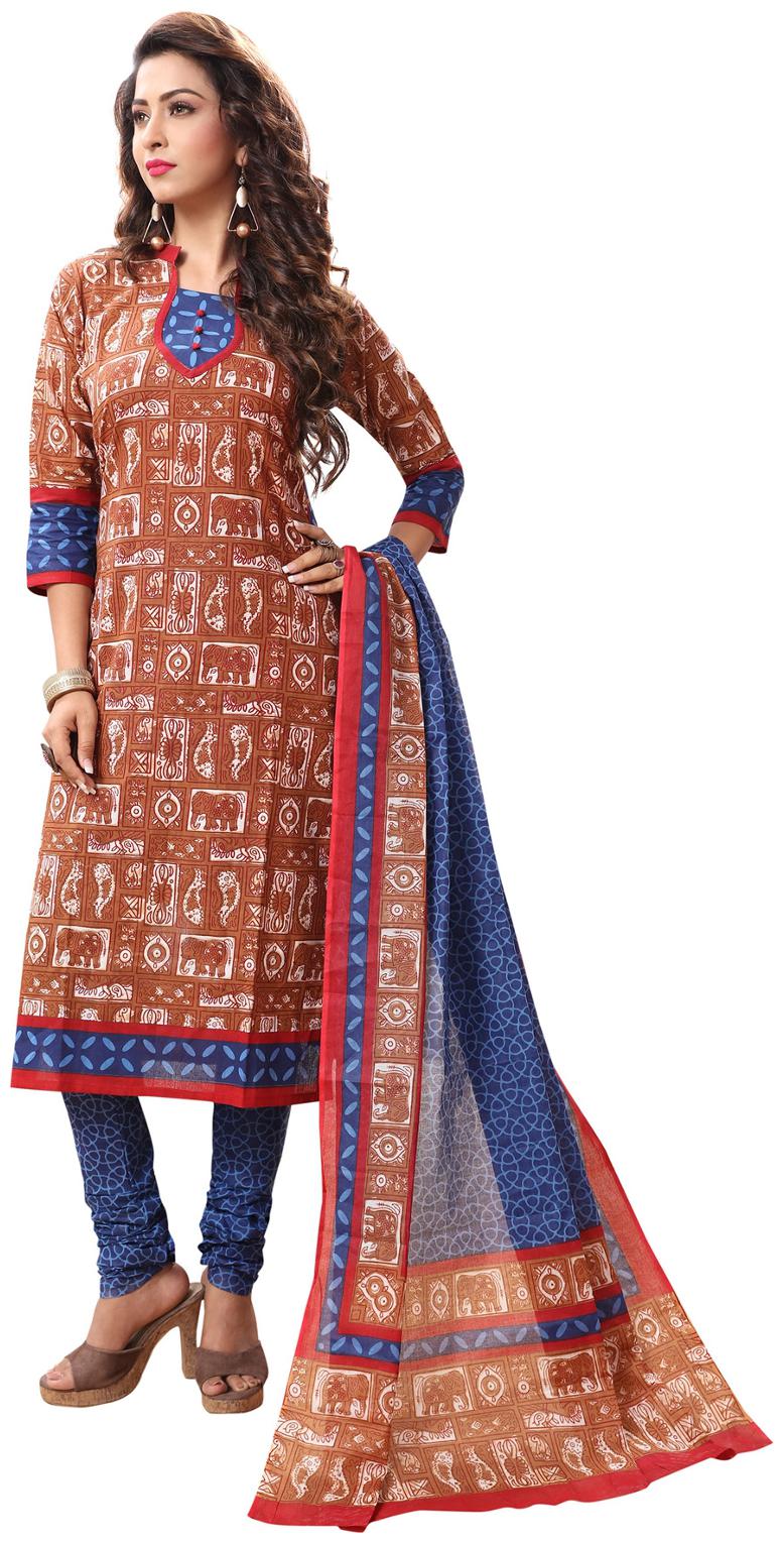 

Salwar Studio Women s Brown Blue Cotton Printed Dress Material with Dupatta